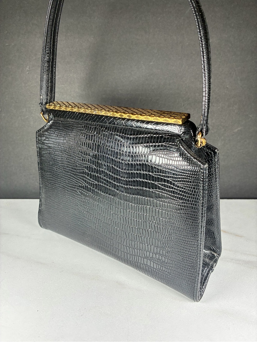 Vintage Meyers USA Structured Black Faux-Reptile Handbag Purse with Gold Accent